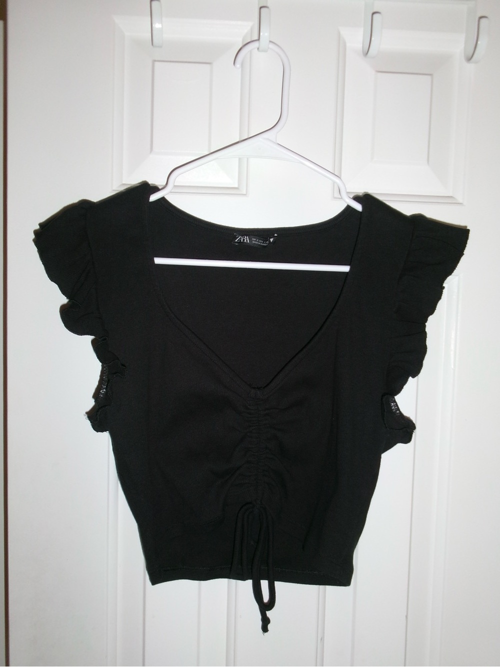 Zara Black Ruched V-Neck Tank with Ruffle Sleeves - Picture 2 of 2